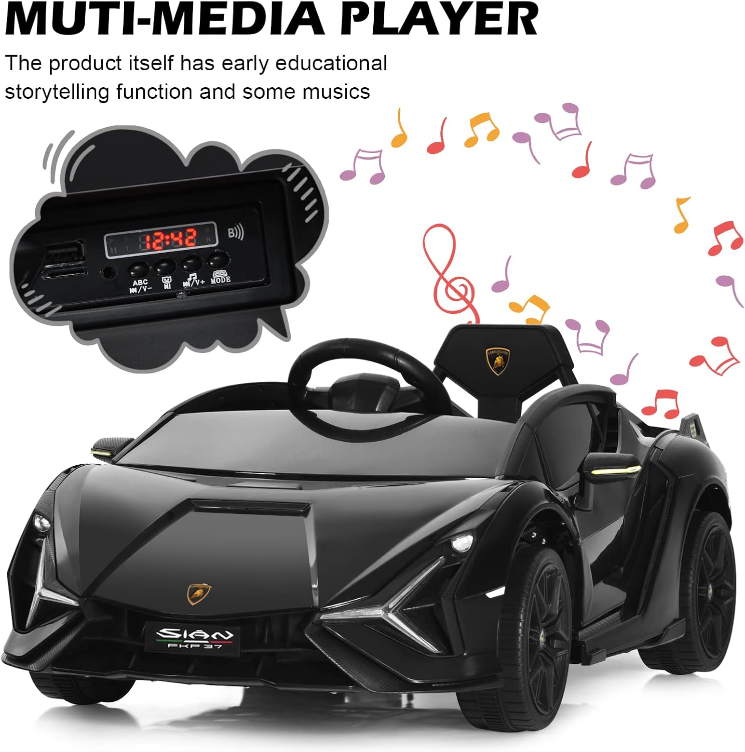 12V Licensed Lamborghini Sian Kids Electric Ride-On Car with Parent Remote, Spring Suspension & MP3 Player
