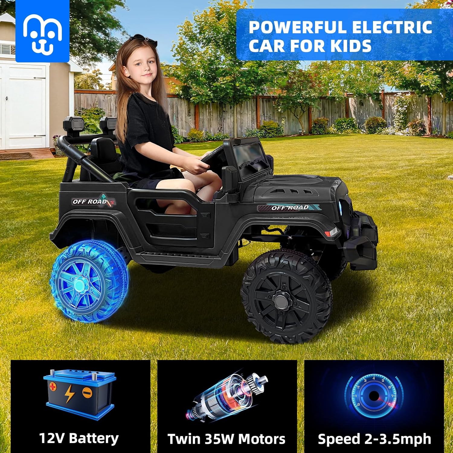 12V Kids Electric Ride-On Truck with Parent Remote, Dual Motors, Bluetooth Music & LED Lights